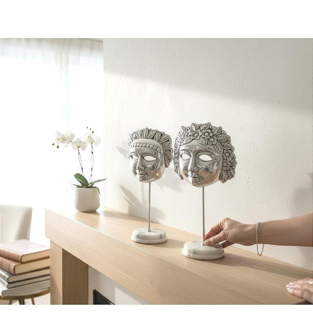 Vintage Silver Face Mask Sculptures, Art Deco Marble Base Busts, 80s Retro Decor